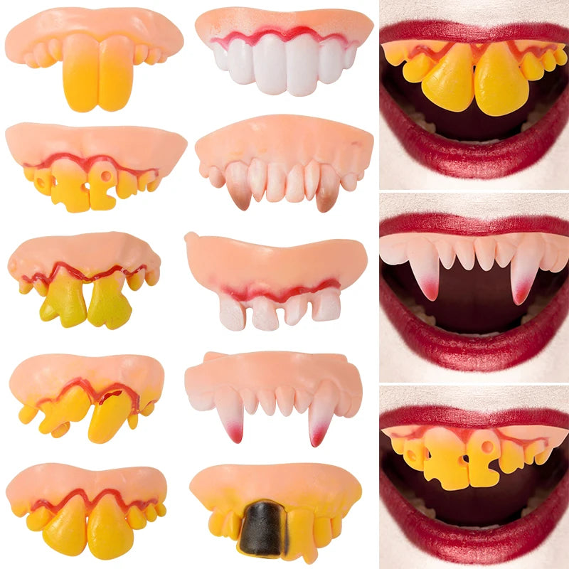 10pcs Funny Rubber False Tooth Dentures Fangs Rotten Fake Tooth Simulation Teeth Prank Toys Halloween Costume Cosplay Party Prop